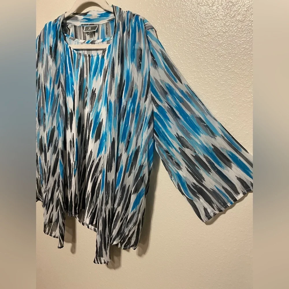 JM Collection Blue Abstract Layered Open Front Blouse Cami Set L